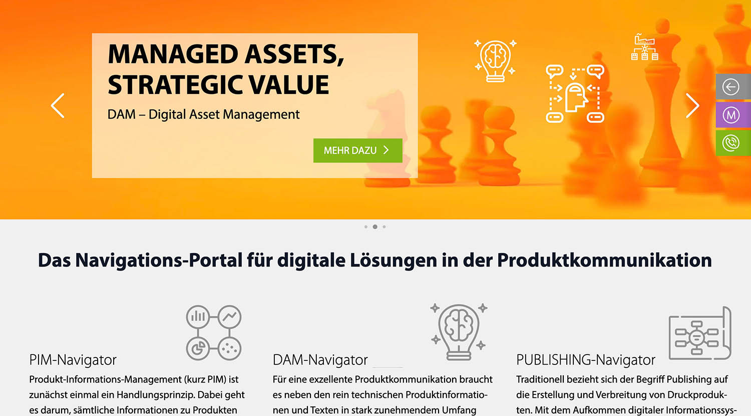 Website-Seite mit Schachfiguren in orangefarbenem Feld, kombiniert mit Icons wird das Navigations-Portal von SIMIO dargestellt