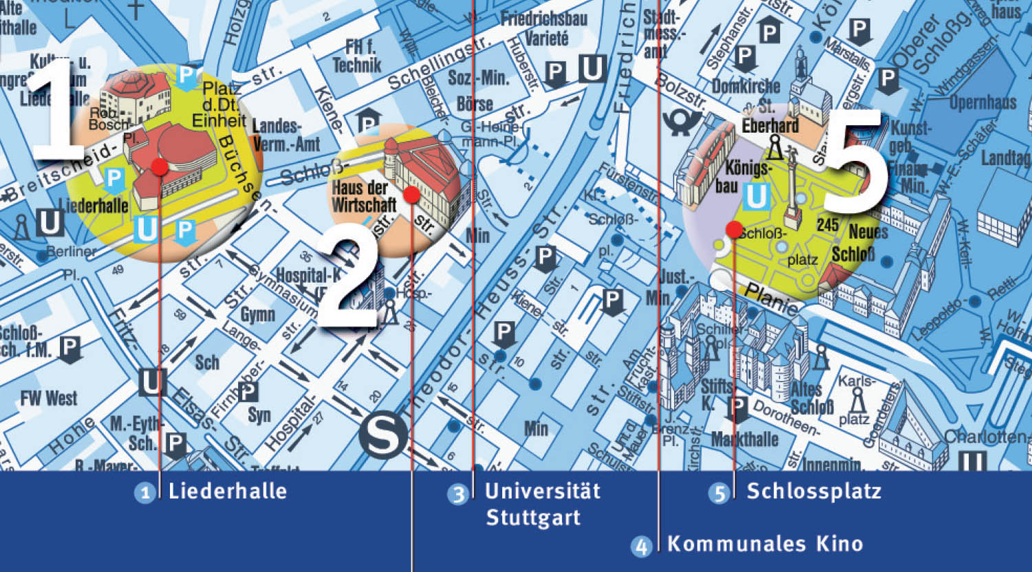 Ausschnitt aus Stadtkarte von Stuttgart und Blau und drei vollfarbig hervorgehobene Veranstaltungsbereich der Mitmachausstellung "Spiel der Kräfte"