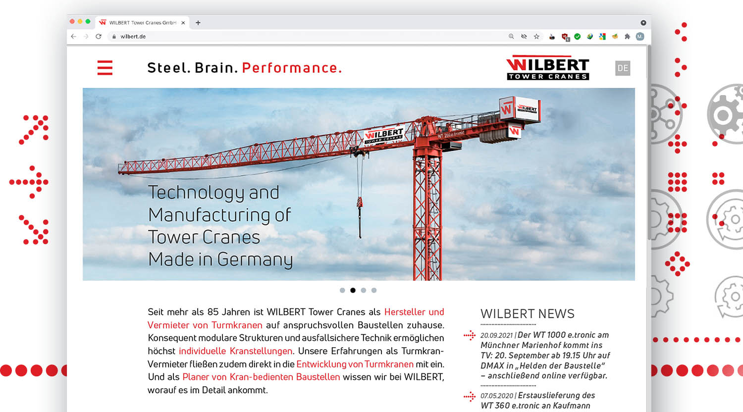 Wilbert Tower Craines: Web-Startseiten-Slider mit großem, rotem Turmkran der in den Himmel ragt sowie kurzem Einführungstext und den "Wilbert-News" auf der rechten Seite.