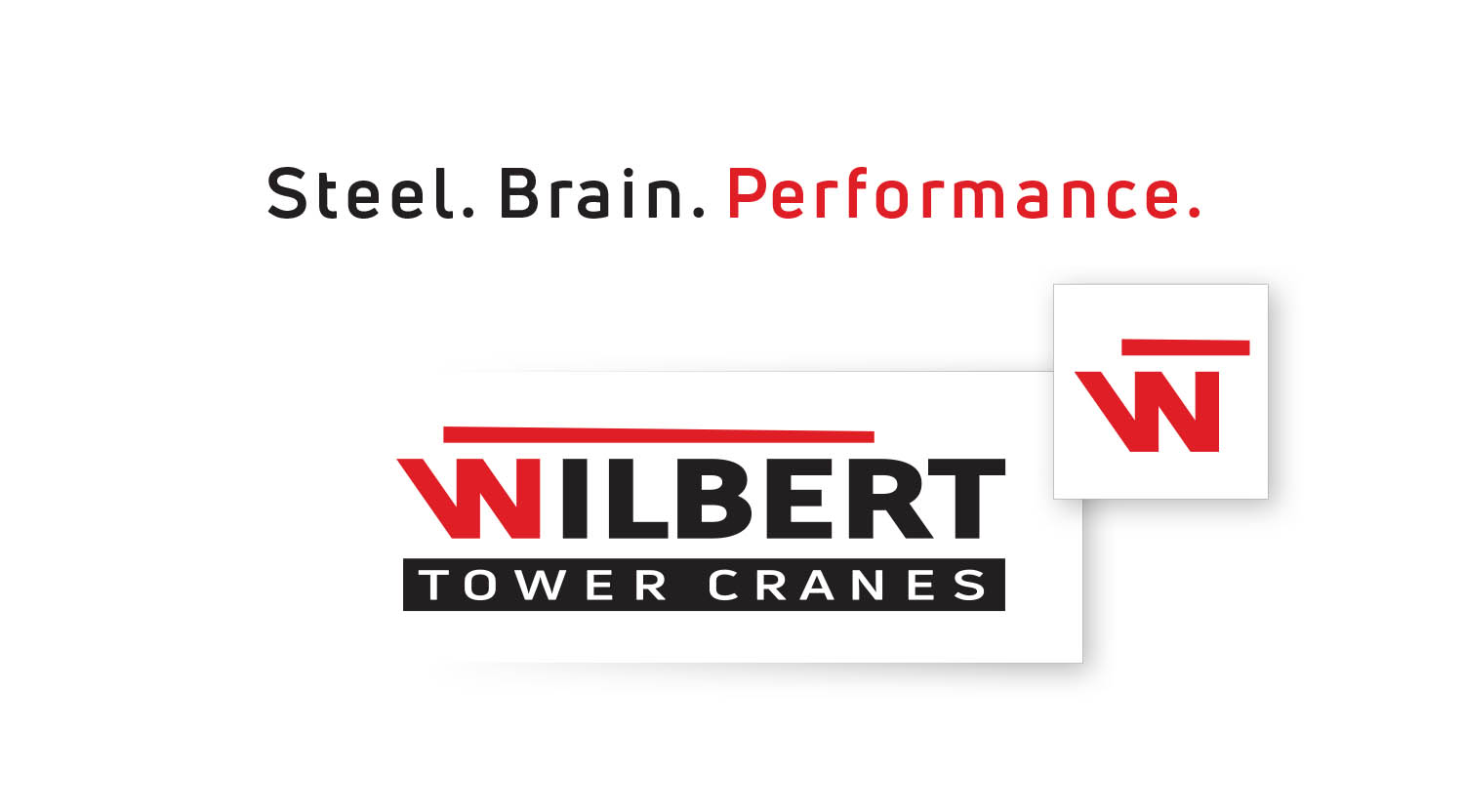 Die Marke Wilbert Tower Craines: Ein lesbares Logo in Rot, Schwarz und Weiß. Dabei visualisiert der rote Anfangsbuchstabe "W" und der darüber liegende rote Balken einen Kran. Resttext ist Schwarz. Die Kurzform (Icon) besteht aus dem roten W mit gekürztem Balken auf einem weißen Quadrat. Der Slogan lautet: Steel. Brain. Performance.