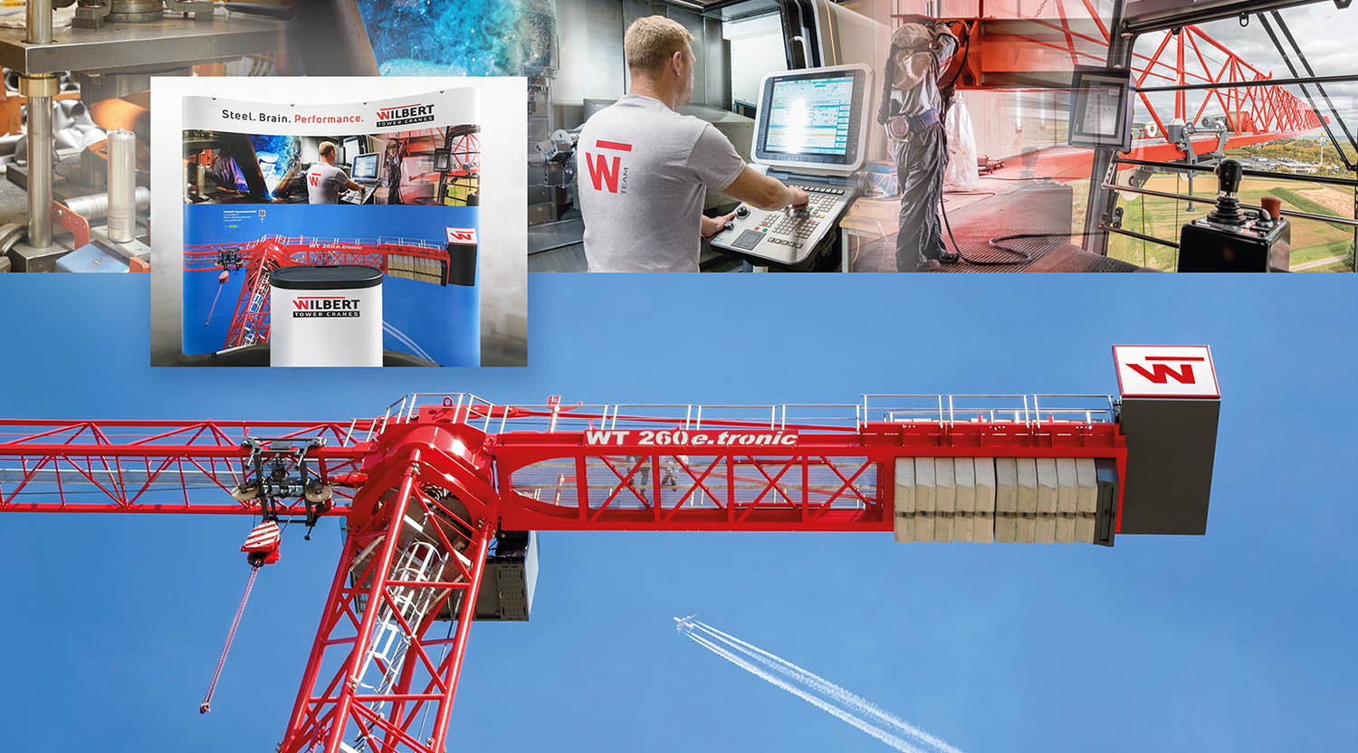 Wilbert Tower Craines-Slider: Motiv oben zeigt eine Bildcollage aus Fertigungsszenen und das Motiv unten den die Untersicht des fertigen roten Turmkrans