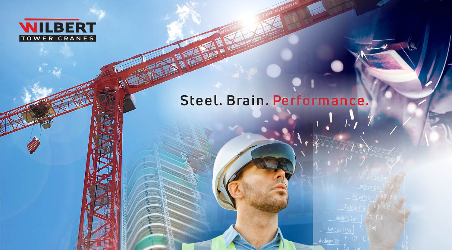 Wilbert Tower Craines-Slider: Auf dem Startmotiv sind das Logo links oben, der Slogan in der Mitte, ein roter Kran, ein Hochhaus im Rohbau und ein Bauleiter mit VR-Brille (VR = Virtual Reality) zu sehen.