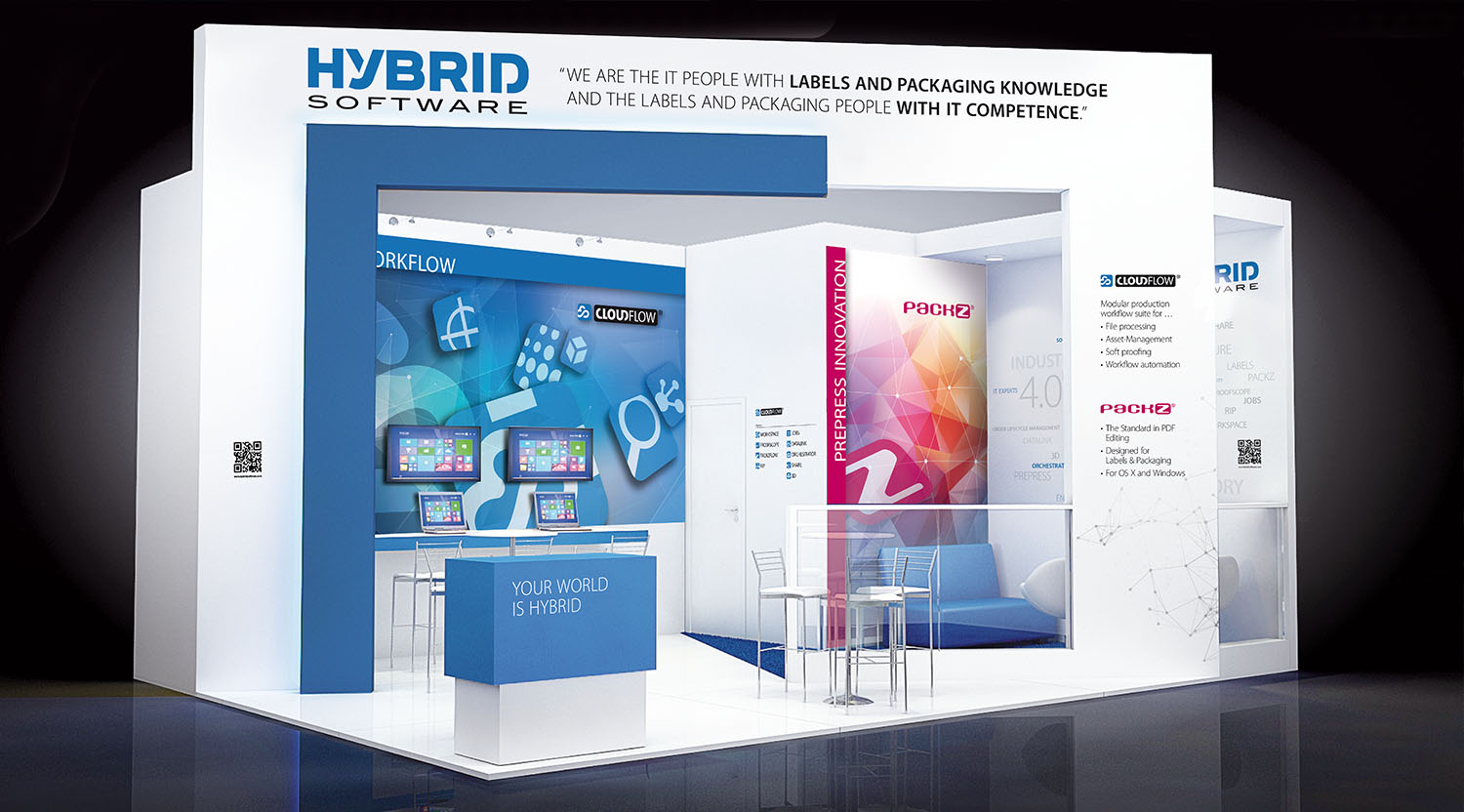 Hybrid Software: Gestaltung eines weißen Messestands mit blauer Visualisierung für "ClOUDFLOW" und pinker Visualisierung für "PACKZ"