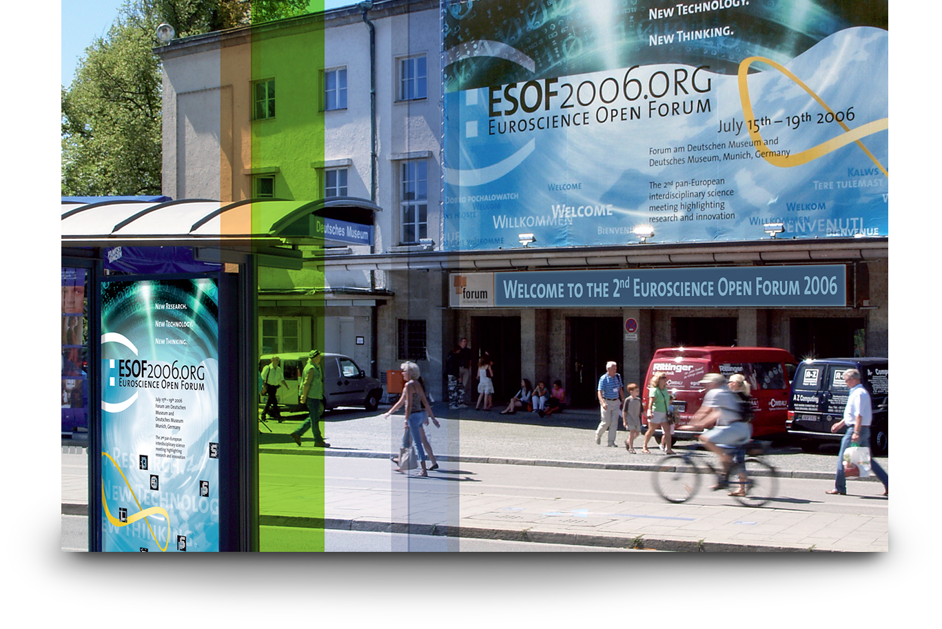 ESOF-Konferenz und Ausstellung: großflächiges Plakat an einer Hauswand und Leuchtschild an einer Bushaltestelle