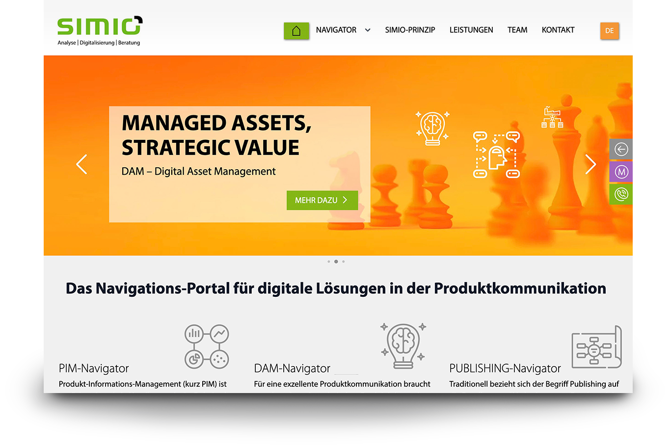 Website-Seite mit Schachfiguren in orangefarbenem Feld, kombiniert mit Icons wird das Navigations-Portal von SIMIO dargestellt
