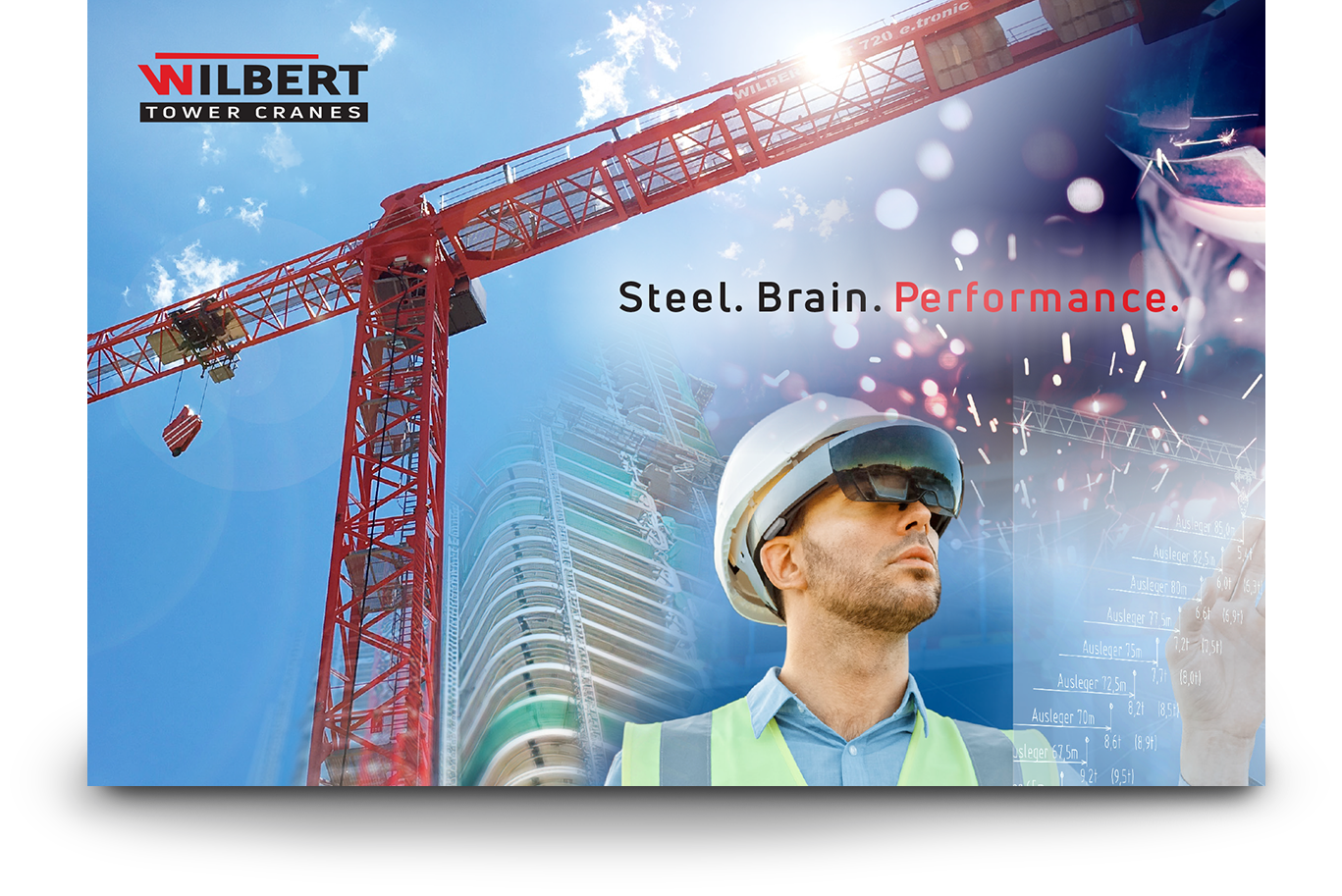 Wilbert Tower Craines-Slider: Auf dem Startmotiv sind das Logo links oben, der Slogan in der Mitte, ein roter Kran, ein Hochhaus im Rohbau und ein Bauleiter mit VR-Brille (VR = Virtual Reality) zu sehen.