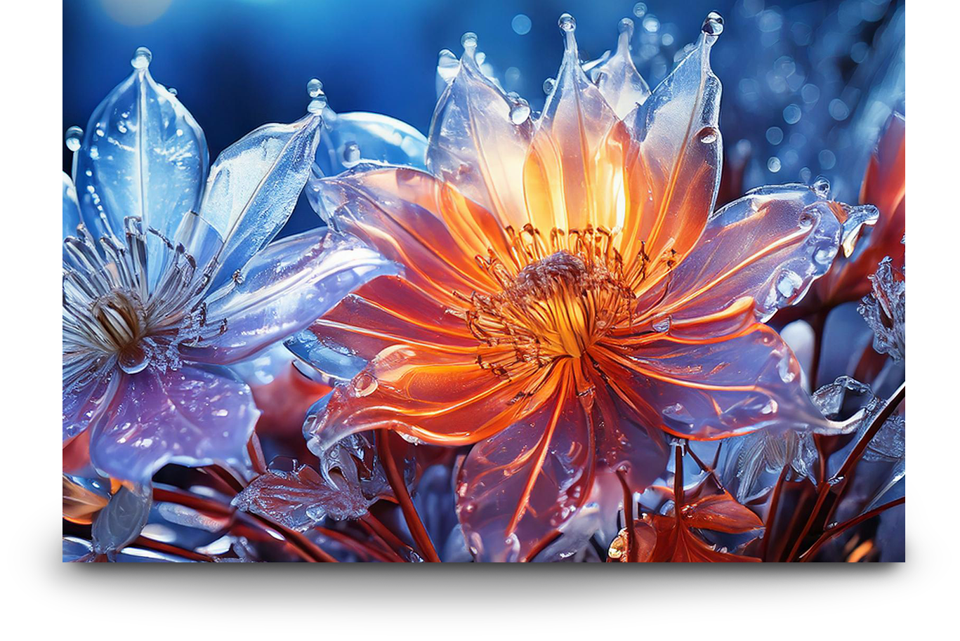 Gläsern vereiste Alpenblume im Licht der aufgehenden Sonne als Motiv für den Weihnachtsgruß von GD90, Variante 3